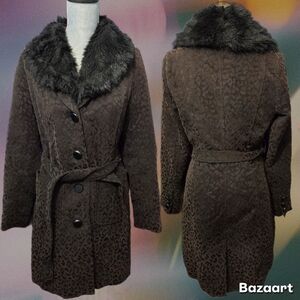 Merona Brown Leopard Print Faux Fur Collar (Removable) Mid Length Coat Sz Small